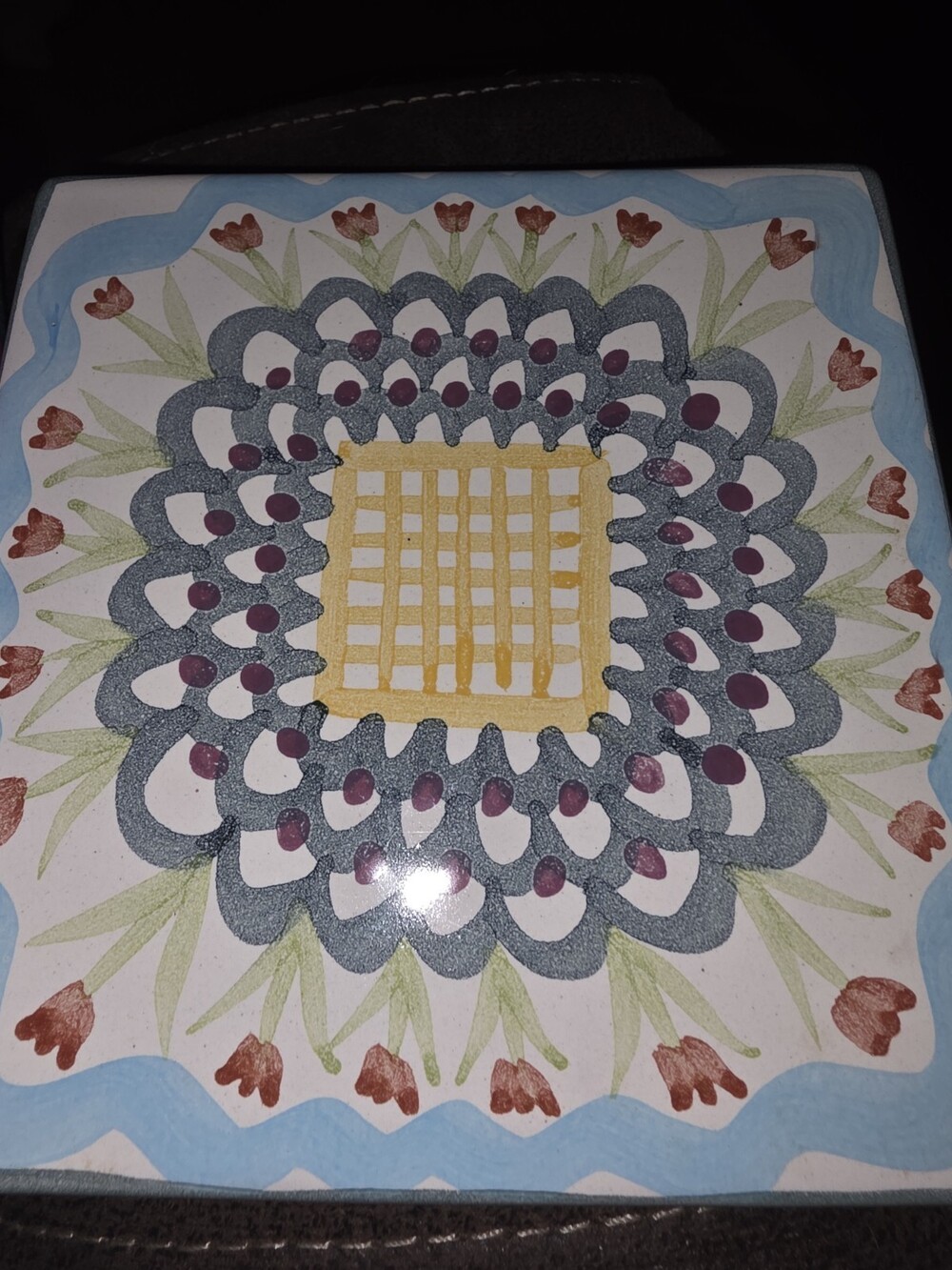 Vtg MacKenzie-Childs King Ferry pattern terracotta tile coaster 1995 Signed